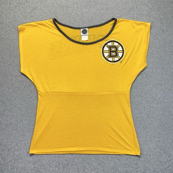 Boston Bruins T-Shirt Women’s Medium Yellow Wide Neck NHL Drop Tag - Picture 1 of 11